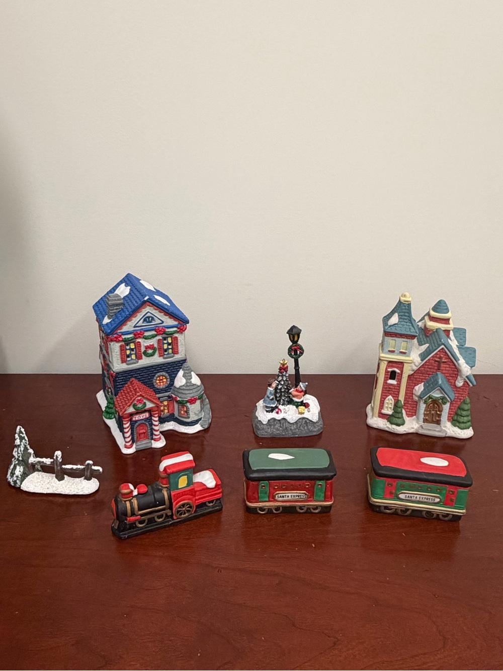 Holiday Village Train and Decorative Houses - Red, Green, Blue